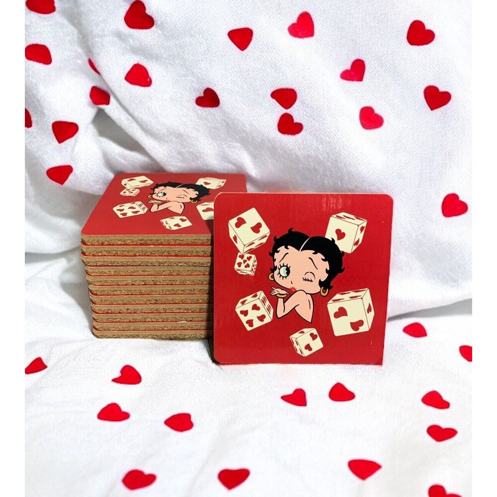 12 BETTY BOOP Winking Blowing Kiss Cork Back Red Drink Coasters w/Heart Dice